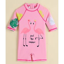 Babyhug Half Raglan Sleeves Legged Swimsuit With Bird Print - Pink