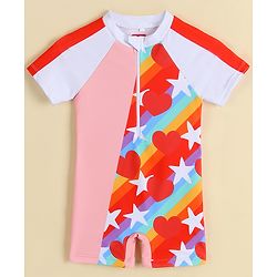 Babyhug Half Raglan Sleeves Printed Legged Swimsuit - Red