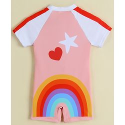 Babyhug Half Raglan Sleeves Printed Legged Swimsuit - Red