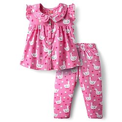 Babyhug 100% Cotton Knit Frill Sleeves Co-ords Front Open Night Suit With Floral Print - Pink