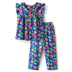 Babyhug Cotton Knit Frill Sleeves Front Open Co-Ord Night Suit with Floral Print - Blue