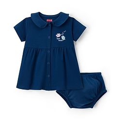 Babyhug Cotton Jersey Knit Half Sleeves Text Printed Frock with Bloomer - Navy Blue