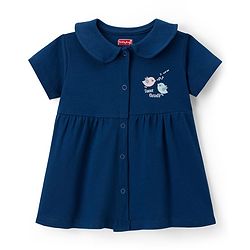 Babyhug Cotton Jersey Knit Half Sleeves Text Printed Frock with Bloomer - Navy Blue