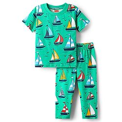 Babyhug Cotton Knit Half Sleeves Co-Ord Night Suit with Boat Print - Green
