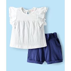 Babyhug Single Jersey Knit Frill Sleeves Solid Coloured Top & Short Set - White & Navy Blue