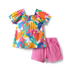 Babyhug Single Jersey Knit Half Sleeves Top & Shorts Set with Floral Print & Bow Applique - Multicolor & Pink