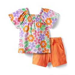 Babyhug Single Jersey Knit Raglan Sleeves Floral Printed Top & Shorts Set - Multicolour