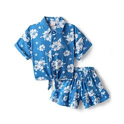 Babyhug 100% Cotton Single Jersey Knit Half Sleeves Top & Shorts Co-Ords Set With Floral Print - Blue