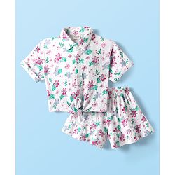 Babyhug Single Jersey Knit Half Sleeves Top & Shorts Set With Floral Print - White