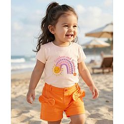 Babyhug 100% Cotton Single Jersey Knit Half Sleeves T-Shirt & twill Shorts Set with Rainbow Print & Bow Applique - Orange