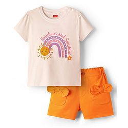 Babyhug 100% Cotton Single Jersey Knit Half Sleeves T-Shirt & twill Shorts Set with Rainbow Print & Bow Applique - Orange