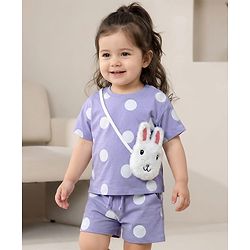 Babyhug 100% Cotton Single Jersey Knit Half Sleeves Top & Shorts Co-ord Set with Bunny Sling Bag & Polka Dot Print - Lilac