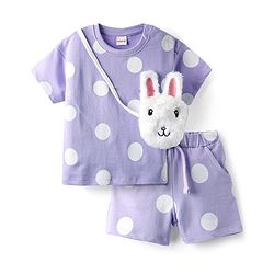 Babyhug 100% Cotton Single Jersey Knit Half Sleeves Top & Shorts Co-ord Set with Bunny Sling Bag & Polka Dot Print - Lilac