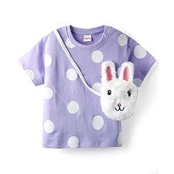 Babyhug 100% Cotton Single Jersey Knit Half Sleeves Top & Shorts Co-ord Set with Bunny Sling Bag & Polka Dot Print - Lilac