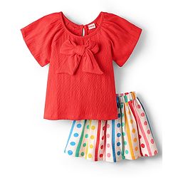 Babyhug Single Jersey Knit Half Raglan Sleeves Top & Skirt Set with Bow Applique & Polka Dots Print - Red