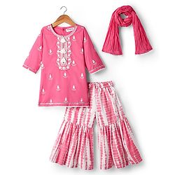 Babyhug Cotton Woven Full Sleeves Kurta Gharara Set With Dupatta & Floral Embroidered - Pink