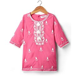 Babyhug Cotton Woven Full Sleeves Kurta Gharara Set With Dupatta & Floral Embroidered - Pink