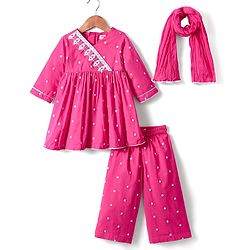 Babyhug Cotton Woven Full Sleeves Embriodered Kurta Pallazo Set With Dupatta - Pink