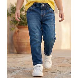 Babyhug Denim Full Length Washed Jeans with Stretch - Navy Blue