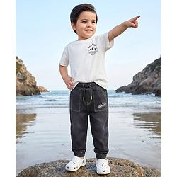Babyhug Denim Full Length Washed Jeans With Stretch & Text Embriodery - Black