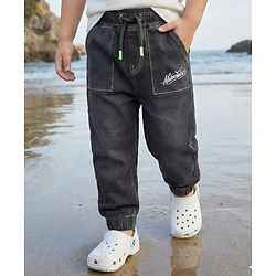 Babyhug Denim Full Length Washed Jeans With Stretch & Text Embriodery - Black