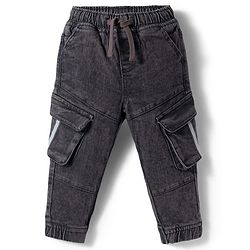 Babyhug Denim Full Length Washed Joggers With Stretch Cut & Sew With Cargo Pockets - Black