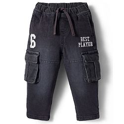 Babyhug Denim Full Length Washed Jogger With Stretch & Text Embroidery - Black