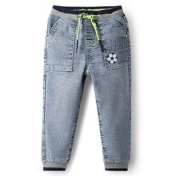 Babyhug Denim Full Length Washed Joggers With Stretch & Football Print - Light Blue