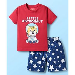 Babyhug Cotton Knit Half Sleeves Shorts Night Suit With Tiger Print - Red & Blue