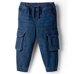 Babyhug Denim Full Length Washed Joggers With Stretch & Cargo Pockets - Blue