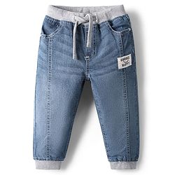 Babyhug Denim Full Length Washed Joggers With Stretch & Patch - Navy Blue