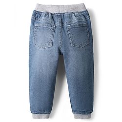 Babyhug Denim Full Length Washed Joggers With Stretch & Patch - Navy Blue