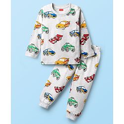 Babyhug Cotton Knit Full Sleeves Co-Ord Night Suit With Vehicles Print - White