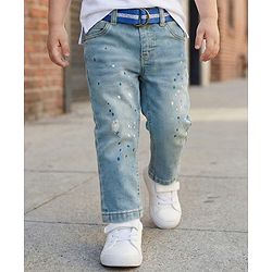 Babyhug Denim Full Length Washed Paint spaltter print Jeans With Stretch & Belt - Blue