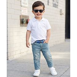 Babyhug Denim Full Length Washed Paint spaltter print Jeans With Stretch & Belt - Blue