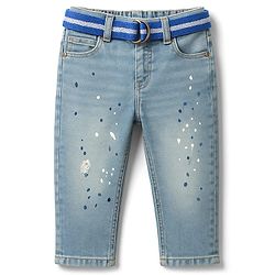 Babyhug Denim Full Length Washed Paint spaltter print Jeans With Stretch & Belt - Blue