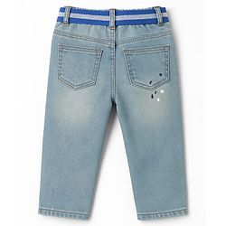 Babyhug Denim Full Length Washed Paint spaltter print Jeans With Stretch & Belt - Blue