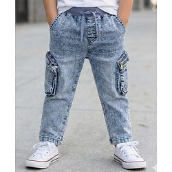 Babyhug Denim Full Length Washed Jeans with Stretch & Cargo Zipper Pockets - Cloud Blue