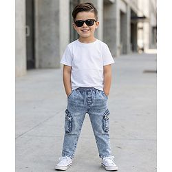 Babyhug Denim Full Length Washed Jeans with Stretch & Cargo Zipper Pockets - Cloud Blue