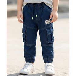 Babyhug Denim Full Length Washed Joggers With Stretch Cut & Sew With Cargo Pockets - Dark Blue