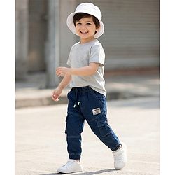 Babyhug Denim Full Length Washed Joggers With Stretch Cut & Sew With Cargo Pockets - Dark Blue