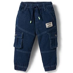 Babyhug Denim Full Length Washed Joggers With Stretch Cut & Sew With Cargo Pockets - Dark Blue
