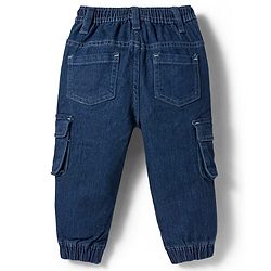 Babyhug Denim Full Length Washed Joggers With Stretch Cut & Sew With Cargo Pockets - Dark Blue