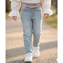 Babyhug Denim Full Length Washed Jeans With Stretch & Belt - Light Blue