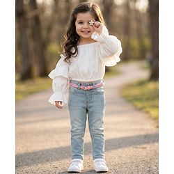 Babyhug Denim Full Length Washed Jeans With Stretch & Belt - Light Blue