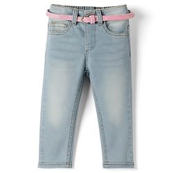 Babyhug Denim Full Length Washed Jeans With Stretch & Belt - Light Blue
