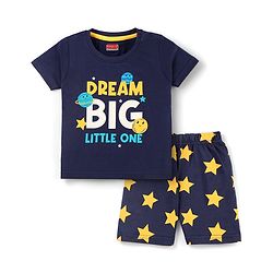 Babyhug Cotton Knit Half Sleeves Shorts Night Suit With Star & Text Print - Navy Blue