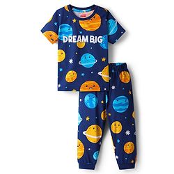 Babyhug Cotton Knit Half Sleeves Co-Ord Night Suit With Space Theme Print - Navy Blue