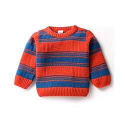 Babyhug Knit Full Sleeves Sweater Set With Stripe Design - Red & Blue