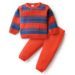 Babyhug Knit Full Sleeves Sweater Set With Stripe Design - Red & Blue